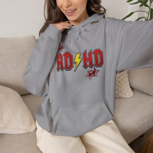ADHD Hoodie, Retro Hard Rock Parody Sweatshirt, ADHD Awareness Month Gift, Neurodivergent Lightning Bolt Unisex Hooded Sweatshirt Bild 11