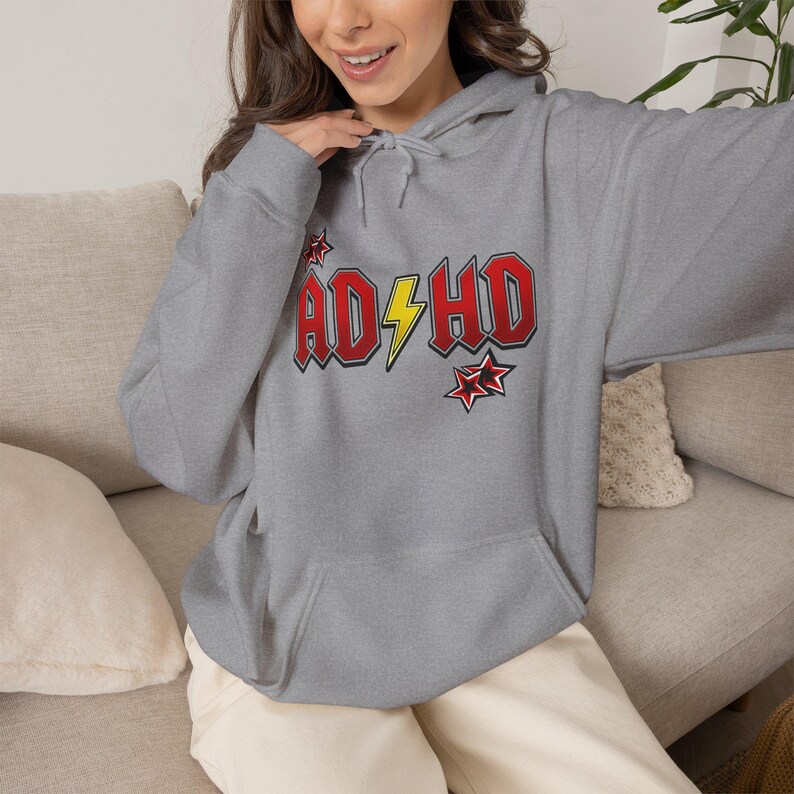 ADHD Hoodie, Retro Hard Rock Parody Sweatshirt, ADHD Awareness Month Gift, Neurodivergent Lightning Bolt Unisex Hooded Sweatshirt Bild 11