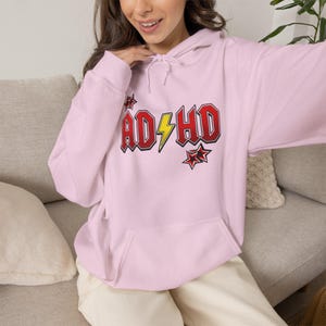 ADHD Hoodie, Retro Hard Rock Parody Sweatshirt, ADHD Awareness Month Gift, Neurodivergent Lightning Bolt Unisex Hooded Sweatshirt Bild 12