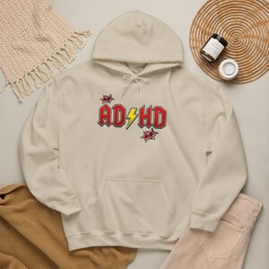 ADHD Hoodie, Retro Hard Rock Parody Sweatshirt, ADHD Awareness Month Gift, Neurodivergent Lightning Bolt Unisex Hooded Sweatshirt Bild 6