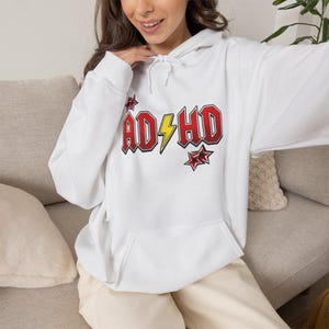 ADHD Hoodie, Retro Hard Rock Parody Sweatshirt, ADHD Awareness Month Gift, Neurodivergent Lightning Bolt Unisex Hooded Sweatshirt Bild 9
