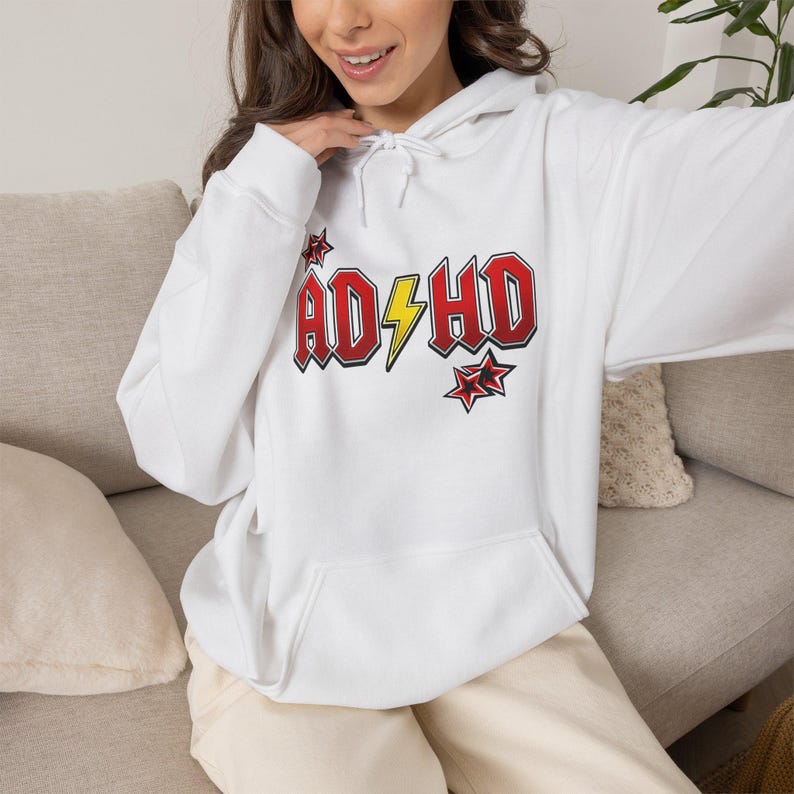 ADHD Hoodie, Retro Hard Rock Parody Sweatshirt, ADHD Awareness Month Gift, Neurodivergent Lightning Bolt Unisex Hooded Sweatshirt Bild 9