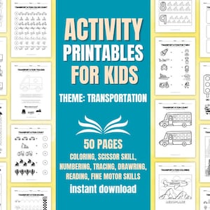 May include: A set of 50 printable activity pages for kids featuring a transportation theme. The pages include colouring, scissor skills, numbering, tracing, drawing, reading, and fine motor skills activities.