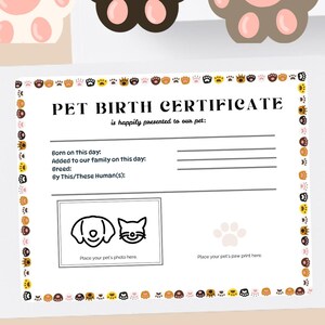Geboorteakte puppy, afdrukbare geboorteakte adoptie huisdier, verjaardag kat, hond, direct downloaden, niet bewerkbaar, digitaal bestand