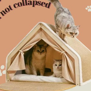 May include: A cat house with a beige roof and a light brown frame. Three cats are in and on the house. The text on the image says "Solid wood support, firm and not collapsed."