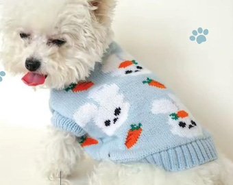 Knitted Pet Sweater: Blue Rabbit Cardigan for Small Dogs and Cats