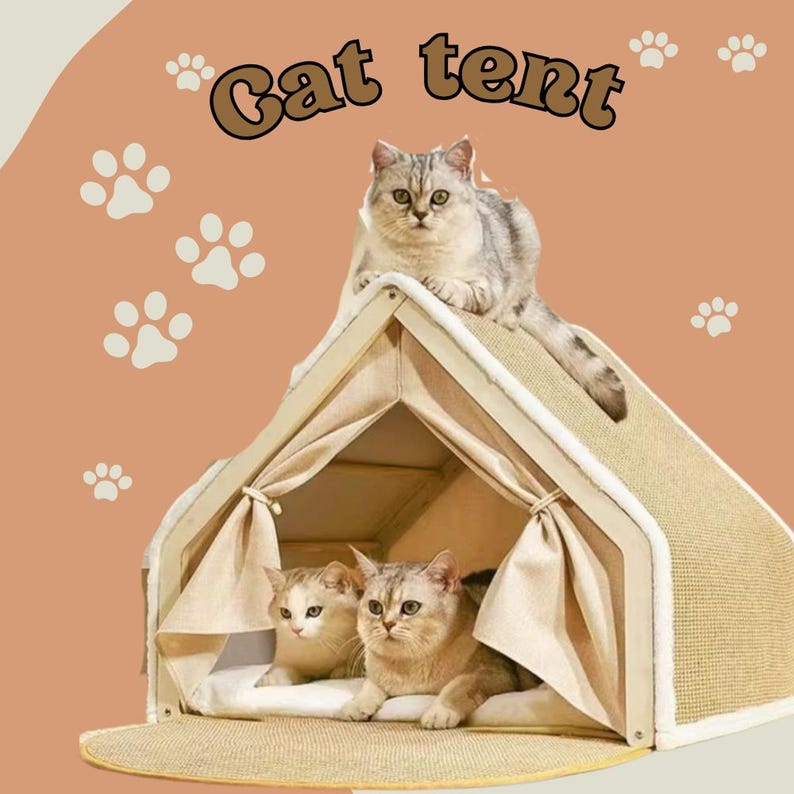 May include: A beige cat tent with three cats inside and on top. The tent has a light-colored frame and beige fabric walls. The text "Cat tent" is at the top. Paw prints are scattered around the tent.