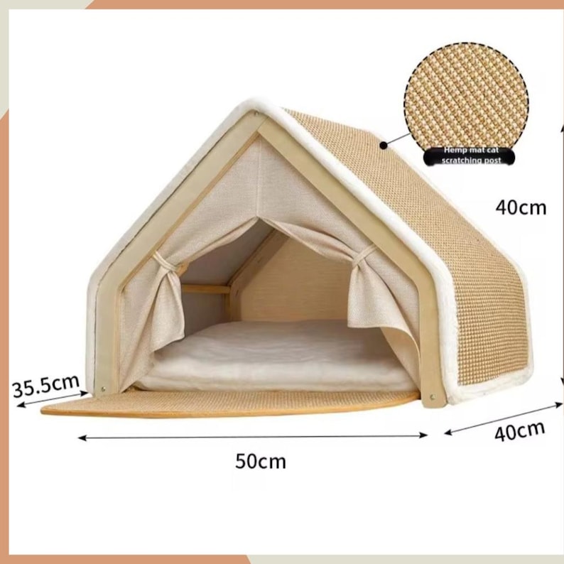 May include: A beige cat house with a triangular roof, measuring 50cm long, 40cm high, and 35.5cm wide. It features a hemp mat scratching post and a soft interior bed. The frame is light-colored wood with a white trim.