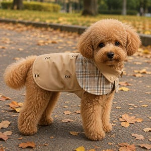 Peut inclure: Un manteau pour chien beige orné d'un motif d'abeilles répétitif et d'un col à carreaux aux lignes brunes, blanches et noires. Le vêtement présente un col rabattu structuré et un panneau dorsal uni et lisse, conçu pour le torse d'un petit chien.