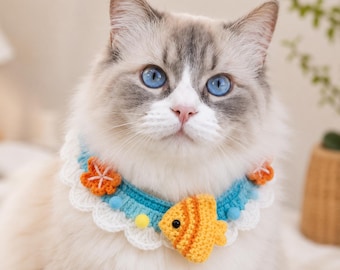 Crochet Cat Collar with Cute Animal Designs, Adjustable Handmade Pet Necklace, Bunny Fish Bee Collar for Cats & Small Dogs, Pet Gift