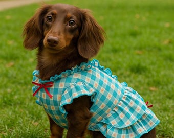 Pinstripe Ruffle Dog Dress: Blue or Pink Cotton Blend