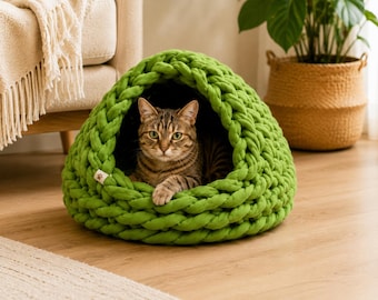 Handmade Chunky Knit Cat Cave Bed | Cozy Pet House | Soft Cotton Dog Nest | Washable | Available in 5 Sizes