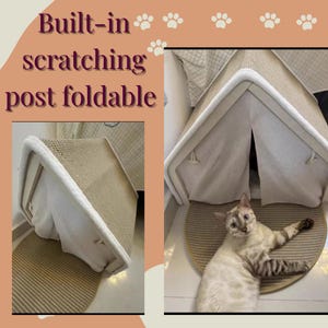 May include: Foldable cat scratching post with a beige woven surface and a white trim. The post has a tent-like structure with a matching beige mat. The text "Built-in scratching post foldable" is visible.
