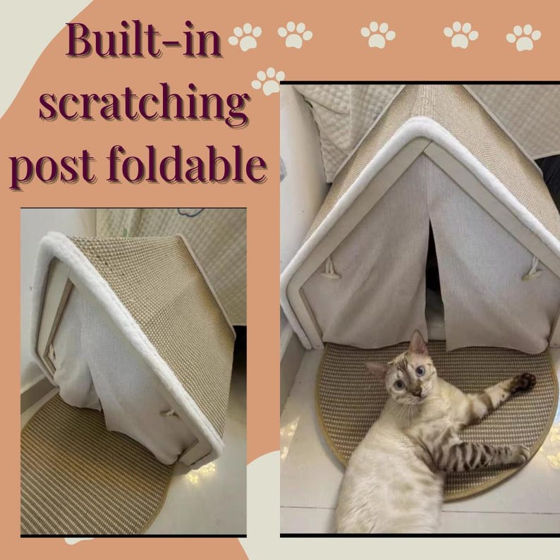 May include: Foldable cat scratching post with a beige woven surface and a white trim. The post has a tent-like structure with a matching beige mat. The text "Built-in scratching post foldable" is visible.