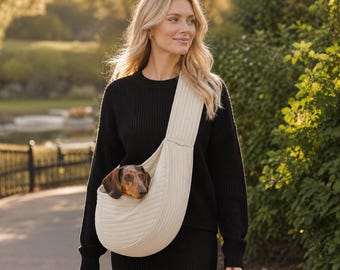Quilted Cream Pet Sling Carrier Bag, Small Dog Cat Crossbody Tote