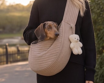 Quilted Cream Pet Sling Carrier Bag, Small Dog Cat Crossbody Tote