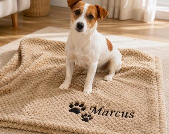 Personalized Dog Blanket with Name | Custom Pet Throw for Cats | Soft Cozy Plush | Gift for Lovers | Paw Print Design