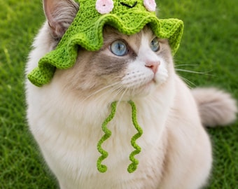 Handmade Crochet Pet Hat with Flower: Cat & Small Dog Costume