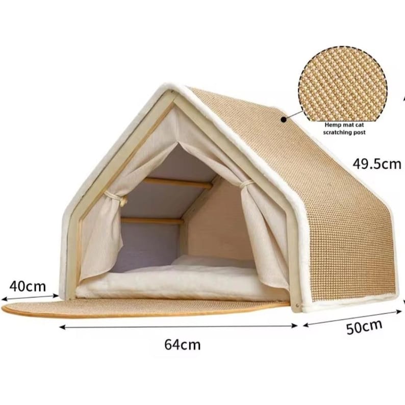 May include: A beige cat house with a triangular roof, measuring 64cm long, 50cm wide, and 49.5cm high. It features a hemp mat scratching post and a soft, cream-colored interior with curtains. The base is a matching beige mat, 40cm wide.