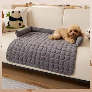 Puede incluir: Una cama gris acolchada para mascotas con un cojín elevado sobre un sofá blanco. Un perro pequeño y marrón claro descansa sobre la cama. Una almohada de panda y un peluche decorativo también están en el sofá.
