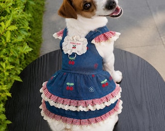 Cherry Denim Dog Dress with Leash,  Ruffle Puppy Dress for Small Dogs, Adjustable Pet Outfit