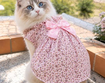 Floral Cat Dress with Bow, Pink Ruffle Pet Dress, Lightweight Summer Outfit for Cats and Small Dogs