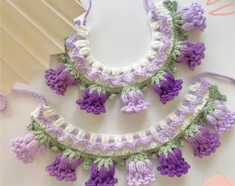 Crochet Cat Collar: Handcrafted Wool Scarf Bib with Orchid Bell Flower