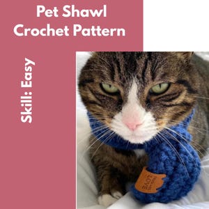Peut inclure: Un chat tigré portant un châle pour animaux de compagnie bleu crocheté. Le châle a une étiquette en cuir qui dit "Made with Love". L'image comprend également le texte "Pet Shawl Crochet Pattern" et "Skill: Easy".
