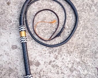Handmade Black Cowhide Leather Bullwhip, Australian Style, Wrapped Handle with Black & White Braided Heel Knots, 4FT-12FT