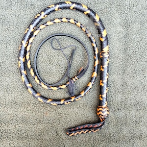 Kangaroo Hide Leather Bullwhip Black Ad Tan Color, 3ft to 14ft, 12/16 Plait Professional Bullwhip