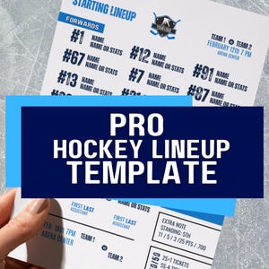 Peut inclure: Un modèle de feuille de match de hockey imprimable en bleu et blanc. Le modèle comprend des espaces pour les noms des équipes, les numéros des joueurs, les noms des joueurs et les statistiques des joueurs. Le modèle comprend également un espace pour un logo d'équipe et un espace pour une note supplémentaire.