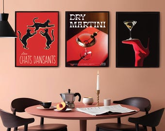 Retro Red Wall Art Print, Gallery Girly Aesthetic, Martini Glass Retro, Stylish Red Outfit , Black Cat Print, Trendy Retro Digital Download