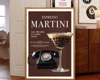 Espresso Martini Kunstdruck, Galerie Girly Prints, Trendy Leopard Print Magazin, Poster Rot Funky Art, stilvolle druckbare Kunst