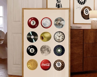 Vintage Retro Wandkunst, trendige Collage Wandkunst, trendiges Wohnheimdekor, 8 Ball Druck, 70er Jahre inspiriert, Mid-Century Ästhetik digitaler Download