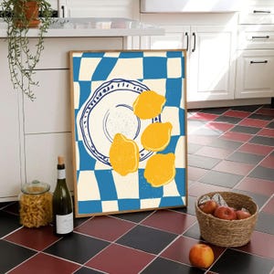 Preppy citroen keuken Art Print, geel fruit muur decor, fruit keuken decor hedendaagse citrus digitale download, moderne keuken esthetiek