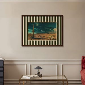 art mural vintage carte postale nuit du désert, paysage rétro au clair de lune, décoration murale éclectique, collage technique mixte à rayures audacieuses, téléchargement numérique