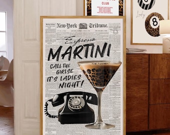Espresso Martini Zeitungsdruck Wandkunst, Vintage Cocktailbar druckbare Dekor, Retro Funky Küche, ästhetischer Leopard, digitaler Download