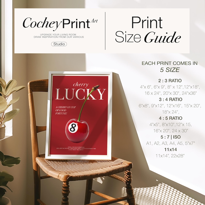 K&ouml;nnte beinhalten: Ein wei&szlig; gerahmter Druck mit rotem Hintergrund und dem Text "cherry lucky" in Wei&szlig;. Der Druck zeigt eine rote Kirsche mit einer wei&szlig;en Nummer 8 darauf. Der Text "A cherry on top of good fortune" ist ebenfalls im Druck enthalten.