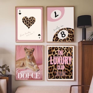 Pink Leopard Wall Art Set of 4, How lucky are we Lucky, 8 Ball Cheetah Posters coquette, Aesthetic Girly Preppy Home Decor Digital Download