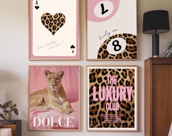 Pink Leopard Wall Art Set of 4, How lucky are we Lucky, 8 Ball Cheetah Posters coquette, Aesthetic Girly Preppy Home Decor Digital Download