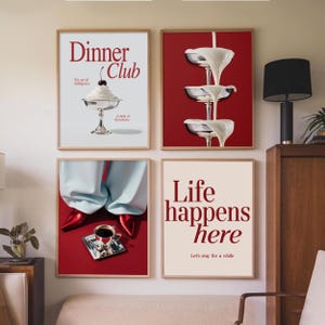 Set van 4 retro diner girly prints rood esthetisch trendy keuken decor, eetkamer galerij kunst aan de muur, slaapzaal, disco keuken kunst, disco keuken png