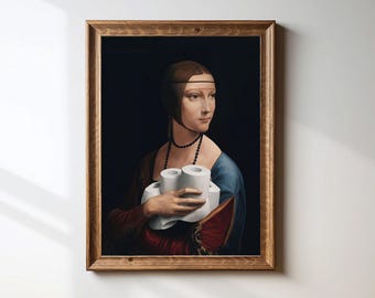 Funny Bathroom Wall Art, Lady with Toilet Paper Print, Vintage Parody Printable, Woman Bathroom Humor. Renaissance Art Digital Download