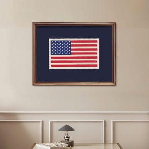 Puede incluir: Obra de arte enmarcada que presenta un diseño de sello de la bandera estadounidense. El sello tiene un fondo blanco con rayas rojas y un campo azul de estrellas. La obra de arte está sobre un fondo azul marino dentro de un marco de madera marrón.