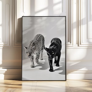 May include: Framed monochrome art print depicting a leopard and a black panther. The leopard has a spotted coat, while the panther is solid black. Both big cats are shown walking towards the viewer.