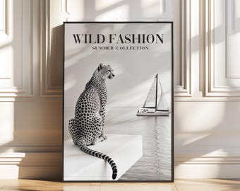 Vintage Fashion Magazine Cheetah Wall Art PNG, Luxury Black and White Fashion, Glam Leopard Sitting Editorial Style Poster Digital Download