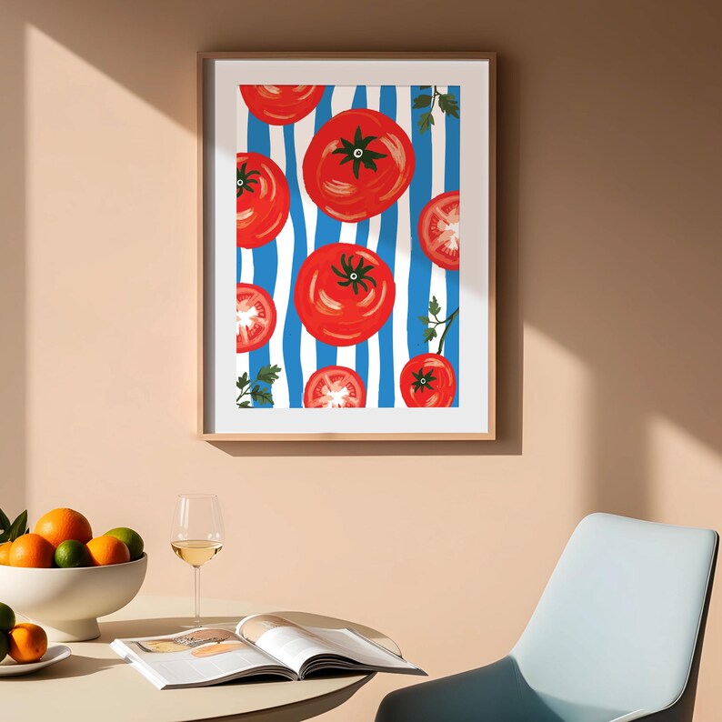 May include: A framed print of a blue and white striped background with red tomatoes. The tomatoes are arranged in a pattern and have a painted look.