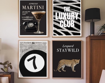 Gallery Girly Aesthetic Print Leopard Wall Art, Set of 4 Vintage Trendy Fashion Magazine Home Decor, And White Funky Art, Digital Download