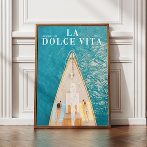 Luxusyacht LA DOLCE VITA Poster, Vogue-inspirierte Modewandkunst, Retro-Bootssegeln im Sommer, alte Geldästhetik Png digitaler Download