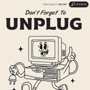 Unplug Print Retro Computer Illustration Wall Art, Vintage Tech ...