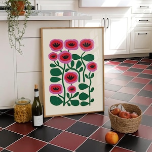 Kleurrijke klaprozen muurkunst, maximalistisch decor, botanische bloem afdrukbare horizontale poster Moederdag roze en groene bloemen, afdruk png